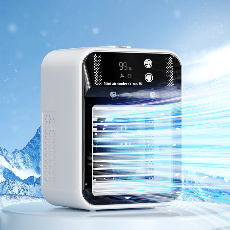 Mini Aire Acondicionado Portátil USB – Enfriador con Atomizador de Agua, Ventilador 2 Velocidades y Pantalla Táctil