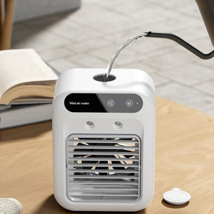 Mini Aire Acondicionado Portátil USB – Enfriador con Atomizador de Agua, Ventilador 2 Velocidades y Pantalla Táctil